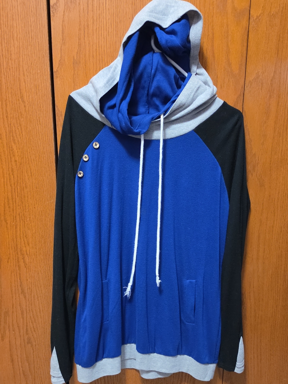 Women's Blue and Black Double Hooded Sweater with Gray Trim